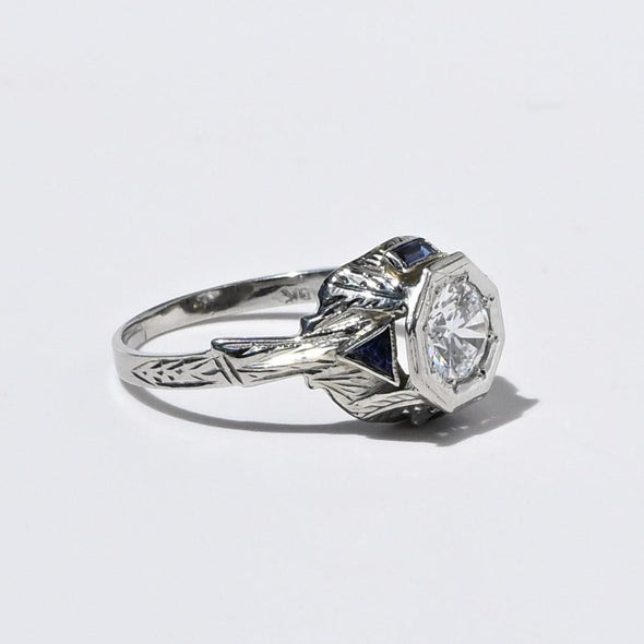 Art Deco Old European Cut White & Blue Sapphire 18k White Gold Engagement Ring