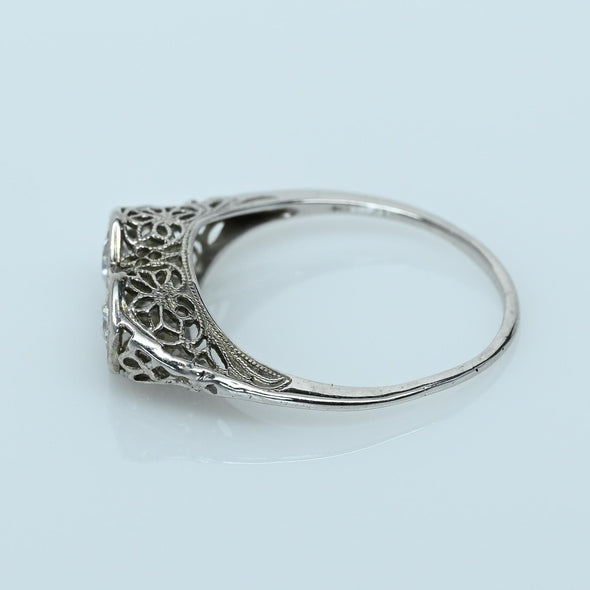Art Deco Diamond Two Stone Filigree 18k White Gold Ring