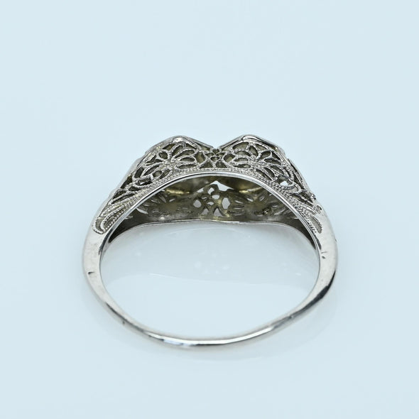 Art Deco Diamond Two Stone Filigree 18k White Gold Ring