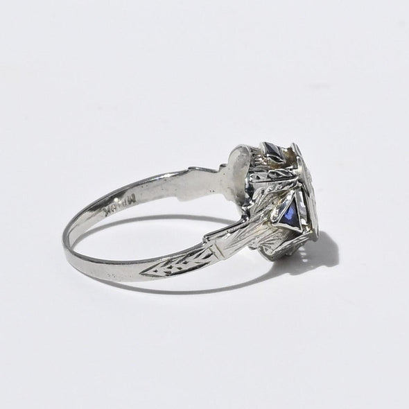 Art Deco Old European Cut White & Blue Sapphire 18k White Gold Engagement Ring