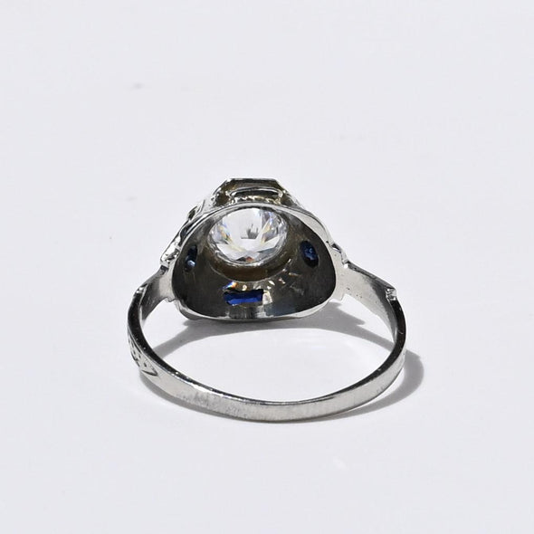 Art Deco Old European Cut White & Blue Sapphire 18k White Gold Engagement Ring