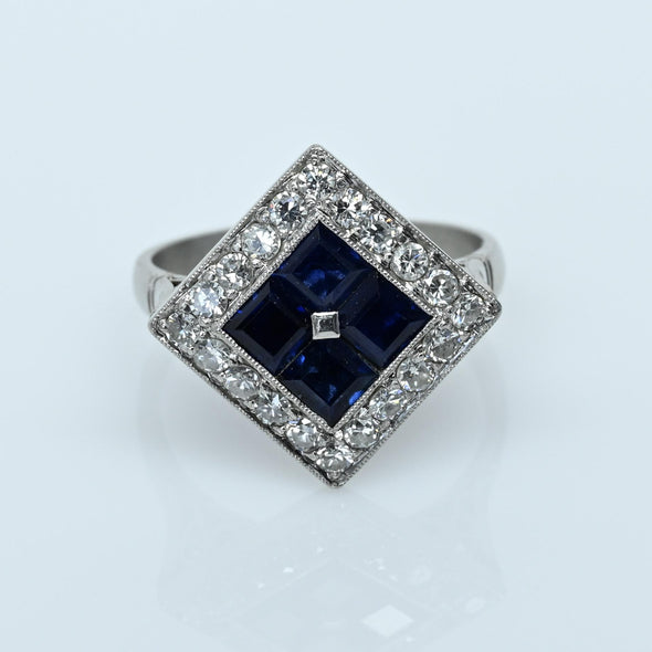 Art Deco Sapphire and Diamond Platinum Square Top Ring