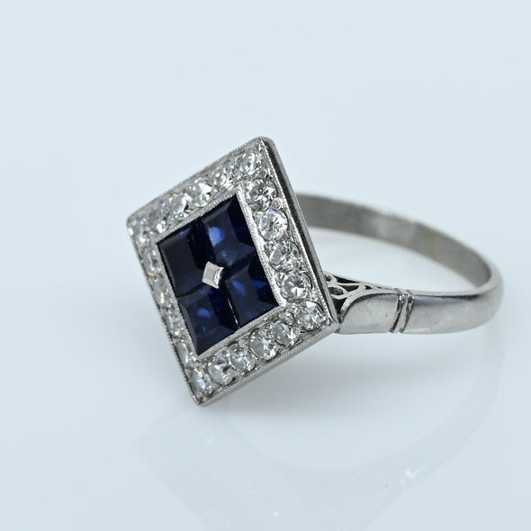 Art Deco Sapphire and Diamond Platinum Square Top Ring