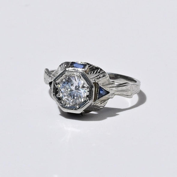 Art Deco Old European Cut White & Blue Sapphire 18k White Gold Engagement Ring