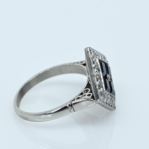 Art Deco Sapphire and Diamond Platinum Square Top Ring