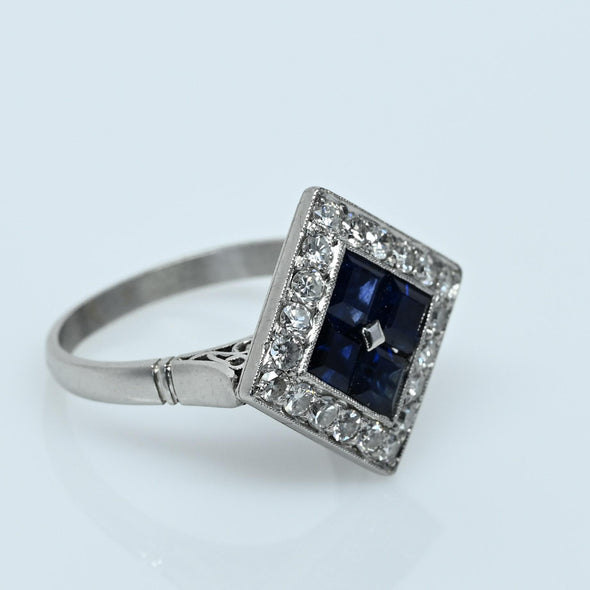 Art Deco Sapphire and Diamond Platinum Square Top Ring