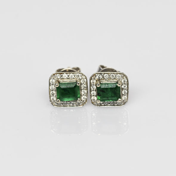 EFFY 1cttw Emerald Diamond Halo 14k White Gold Stud Earrings