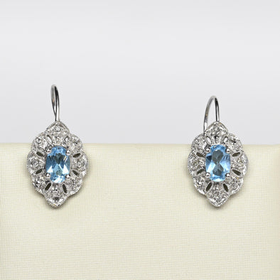 Blue Topaz and Diamond White Gold Filigree Drop Earrings