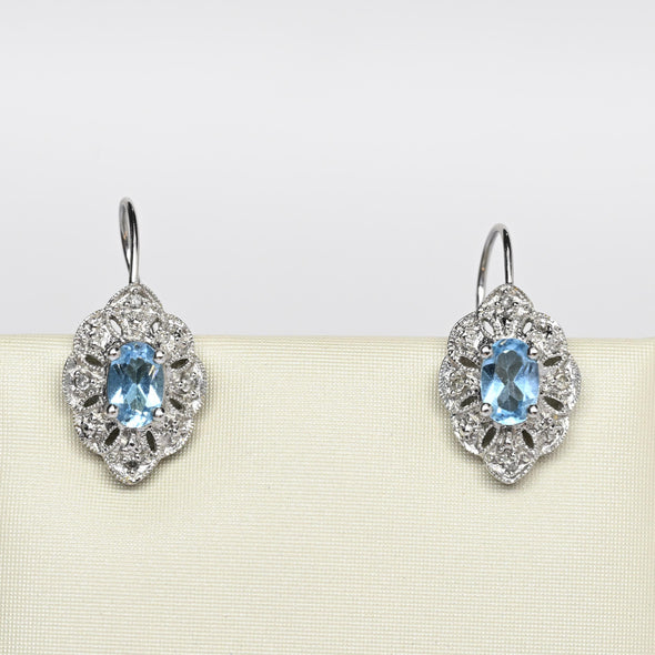 Blue Topaz and Diamond White Gold Filigree Drop Earrings