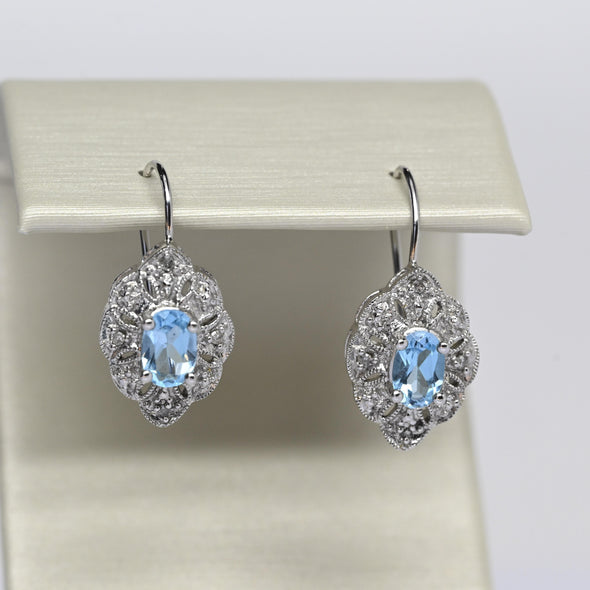 Blue Topaz and Diamond White Gold Filigree Drop Earrings