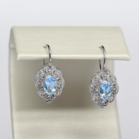 Blue Topaz and Diamond White Gold Filigree Drop Earrings