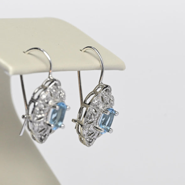 Blue Topaz and Diamond White Gold Filigree Drop Earrings