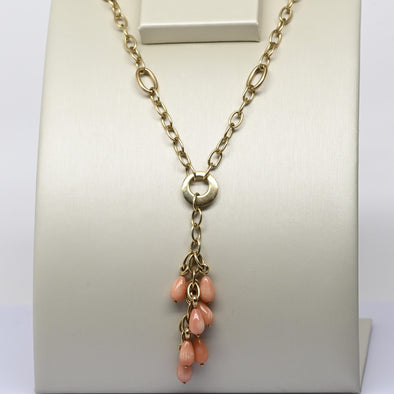 Vintage Coral Tassle 14k Yellow Gold Italian Lariat Necklace