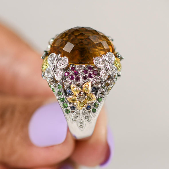 Garden Theme Gemstone Statement Ring Featuring Flowers Butterfly Prongs 14K Gold