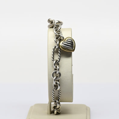 David Yurman Heart Charm 18K Gold & Sterling Silver Cable Chain Bracelet