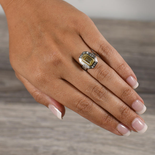 Stunning 3.5 Carat Natural Yellow Emerald Cut Diamond in Custom Platinum Ring