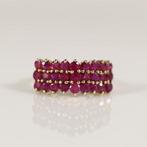 Ruby Pyramid Three Row Gemstone Ring in 10k Yellow Gold