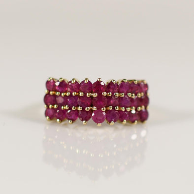 Ruby Pyramid Three Row Gemstone Ring in 10k Yellow Gold