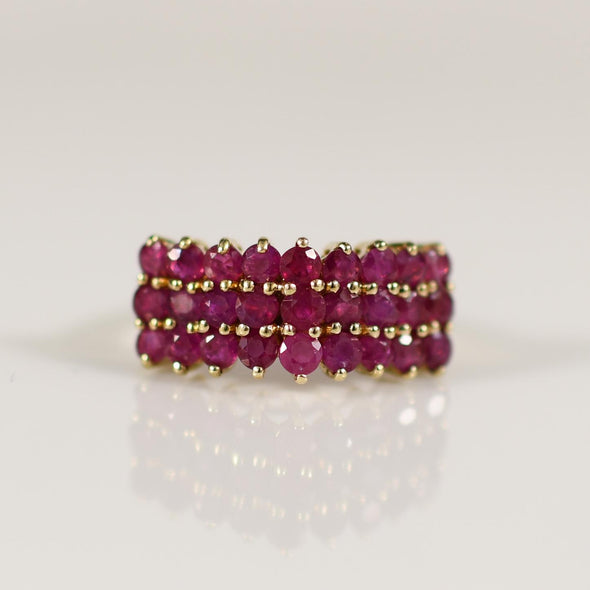 Ruby Pyramid Three Row Gemstone Ring in 10k Yellow Gold