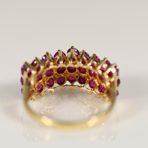 Ruby Pyramid Three Row Gemstone Ring in 10k Yellow Gold