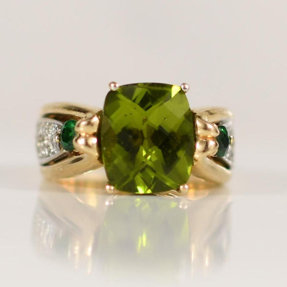 14K Yellow Gold Large Peridot Ring with Diamond Accents