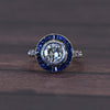 Art Deco 1.35c Old Euro Diamond No Heat Blue Sapphire Halo 18k Platinum Ring GIA