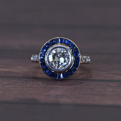 Art Deco 1.35c Old Euro Diamond No Heat Blue Sapphire Halo 18k Platinum Ring GIA