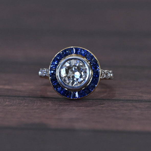 Art Deco 1.35c Old Euro Diamond No Heat Blue Sapphire Halo 18k Platinum Ring GIA