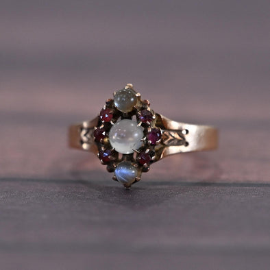 Victorian Moonstone and Ruby 10k Gold Ring