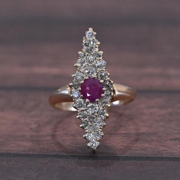 Antique Ruby and Diamond Navette Yellow Gold Ring