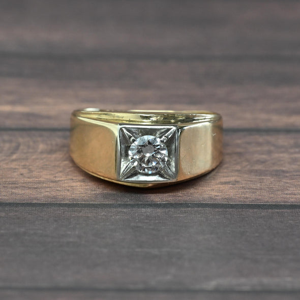 Vintage 0.6ct Old European Cut Diamond Mens 14k Yellow Gold Ring