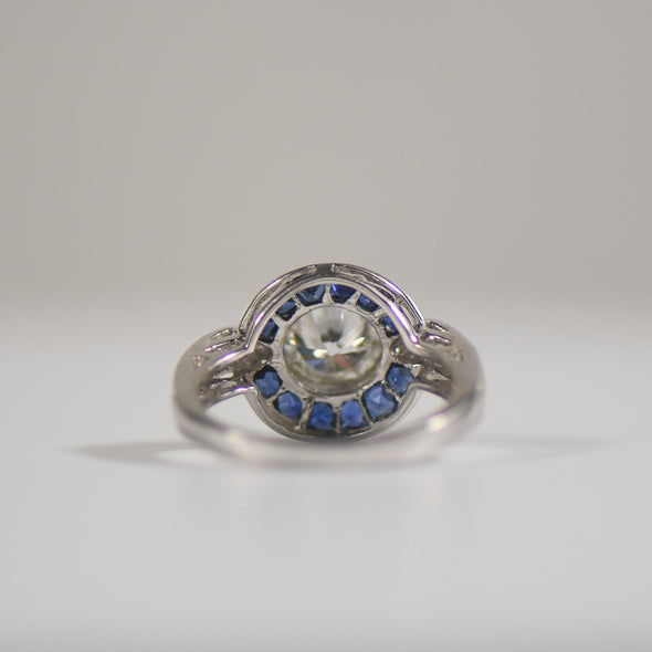 1.43ct Old European Cut Diamond & French Cut Sapphire Art Deco Inspired 18K Ring