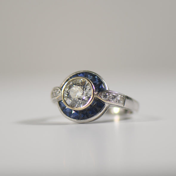 1.43ct Old European Cut Diamond & French Cut Sapphire Art Deco Inspired 18K Ring