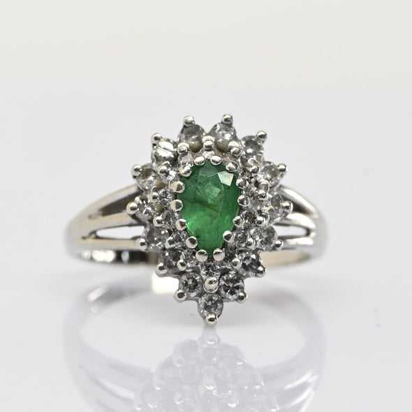 Vintage Emerald Pear Diamond Halo 14k White Gold Ring