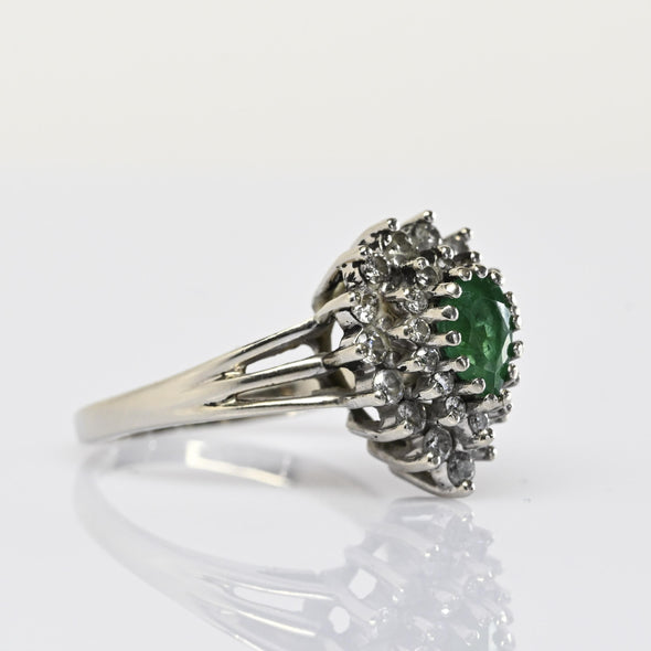 Vintage Emerald Pear Diamond Halo 14k White Gold Ring
