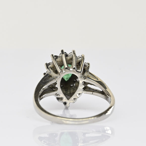 Vintage Emerald Pear Diamond Halo 14k White Gold Ring