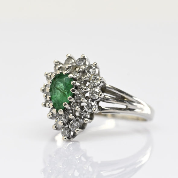 Vintage Emerald Pear Diamond Halo 14k White Gold Ring
