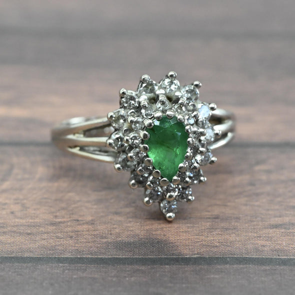 Vintage Emerald Pear Diamond Halo 14k White Gold Ring