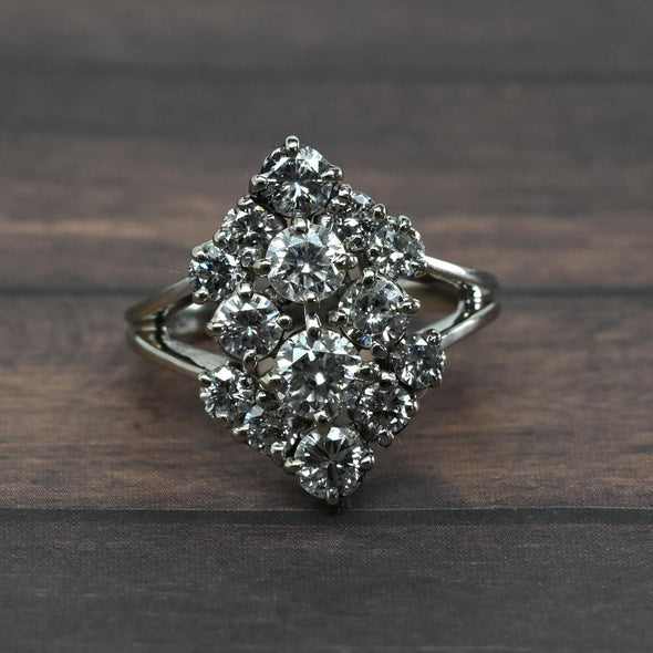 Vintage 2.75cttw Diamond Cluster 14k White Gold Cocktail Ring