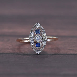 Sapphire & Diamond Navette Art Deco Pin Conversion Ring in 14k Gold & Platinum