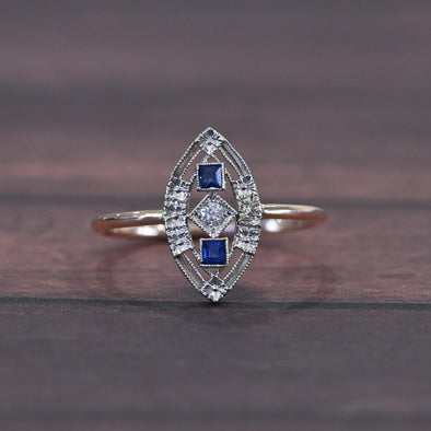 Sapphire & Diamond Navette Art Deco Pin Conversion Ring in 14k Gold & Platinum