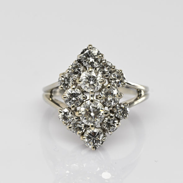 Vintage 2.75cttw Diamond Cluster 14k White Gold Cocktail Ring