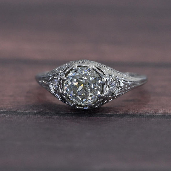 1.32ct Light Yellow Old Mine Cut Diamond Platinum Filigree Engagement Ring