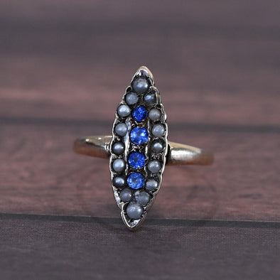 Victorian Blue Sapphire and Seed Pearl Navette 14K Gold Cocktail Ring