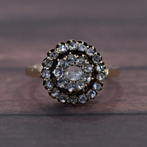 Antique Victorian 14K Rose Cut Diamond Double Halo Cluster Ring