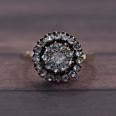 Antique Victorian 14K Rose Cut Diamond Double Halo Cluster Ring