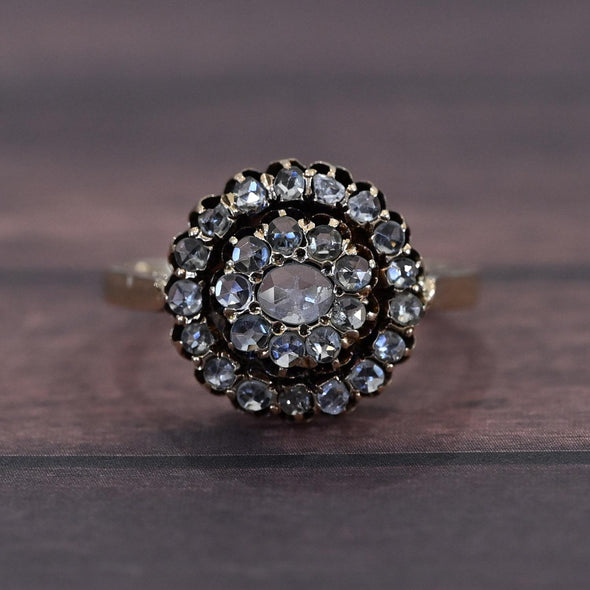 Antique Victorian 14K Rose Cut Diamond Double Halo Cluster Ring