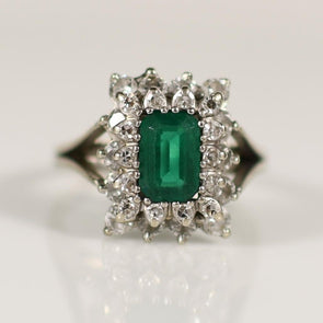 Vintage Emerald Ring with Diamond accents in 14k White Gold