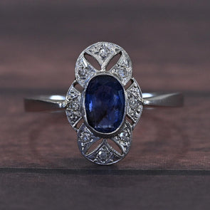 Antique Platinum Sapphire and Diamond Filigree Ring