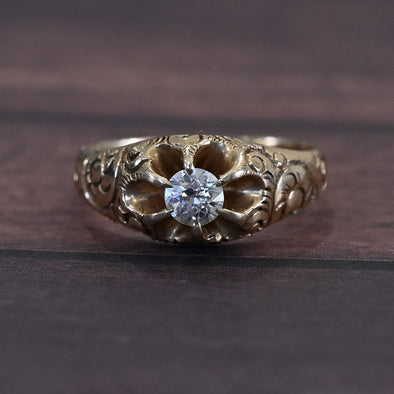 Victorian Old European Cut Diamond Antique 14K Yellow Gold Belcher Ring
